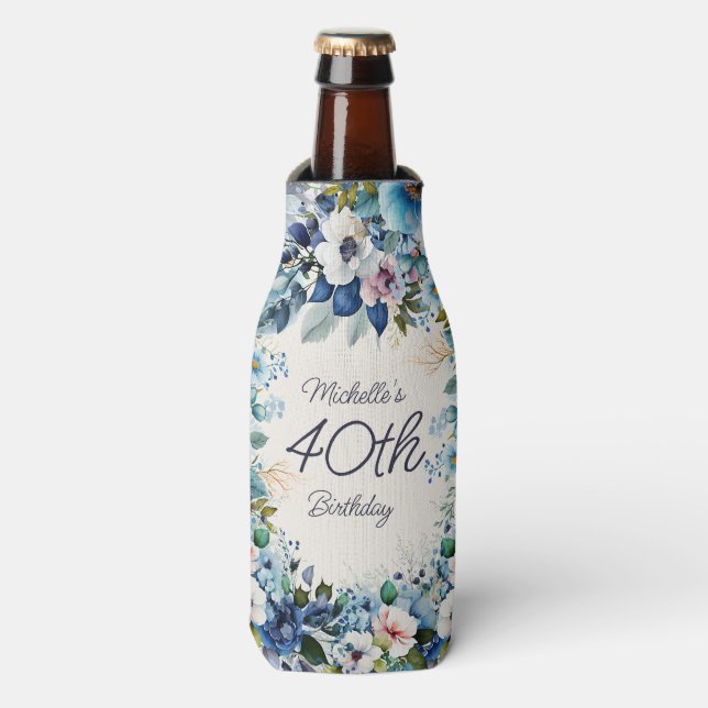 Blue Watercolor Floral 40th Birthday Party Bottle Cooler (Bottle Front)