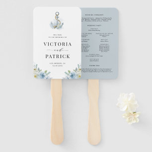 Blue  Watercolor Floral Anchor Coastal Wedding Hand Fan
