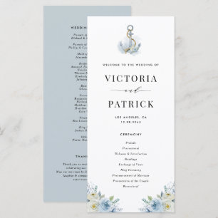 Blue Watercolor Floral Anchor Nautical Wedding Program