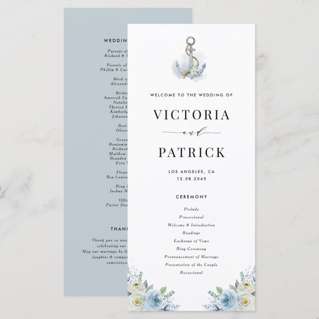 Blue  Watercolor Floral Anchor Nautical Wedding Program (Front/Back)