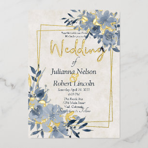 Blue watercolor floral and gold frame wedding foil invitation