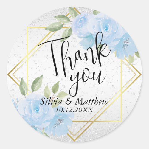 Blue Watercolor Floral and White Glitter Classic Round Sticker