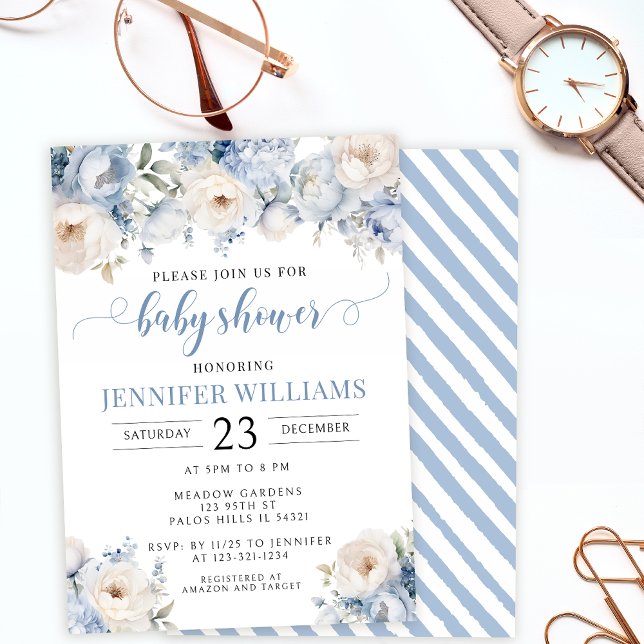 Blue watercolor floral baby boy shower invitation (Creator Uploaded)