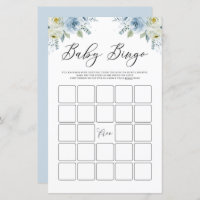 Blue Watercolor Floral Baby Shower Bingo Game