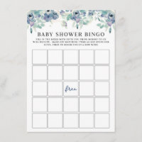 Blue Watercolor Floral Baby Shower Bingo Game Card