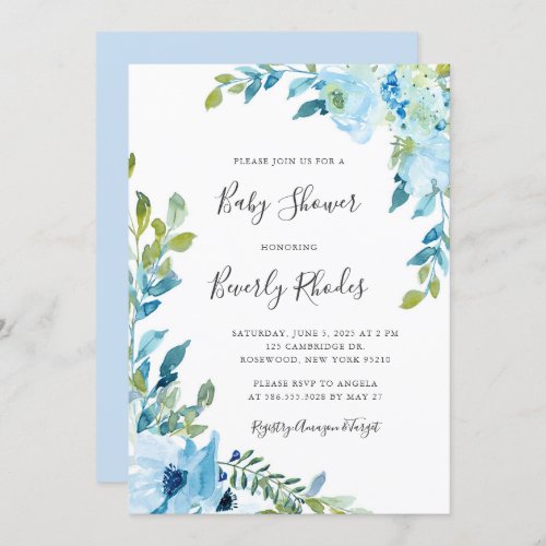 Blue Watercolor Floral Baby Shower Invitation