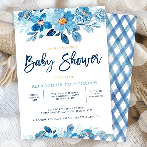 Blue Watercolor Floral Baby Shower Invitation
