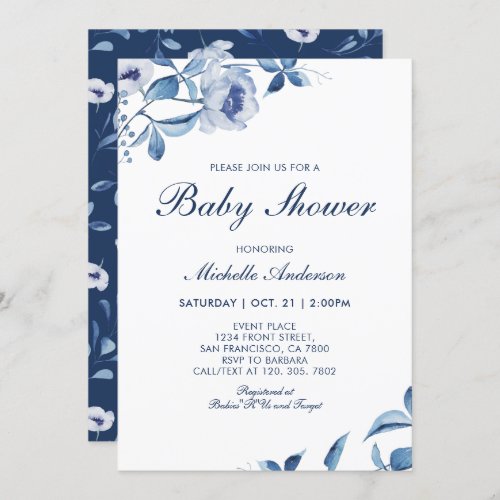 Blue Watercolor Floral Baby Shower Invitation