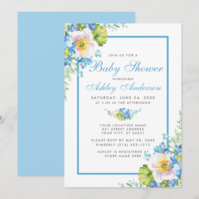 Blue Watercolor Floral Baby Shower Invitation B (Front/Back)