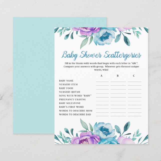 Blue Watercolor Floral Baby Shower Scattergories (Front/Back)