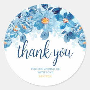 Blue Watercolor Floral Baby Shower Thank You Favor Classic Round Sticker