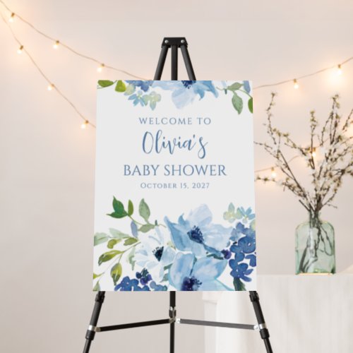 Blue Watercolor Floral Baby Shower Welcome Sign