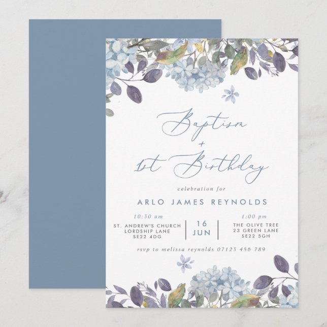 Blue Watercolor Floral Baptism & 1st Birthday Invitation (Front/Back)