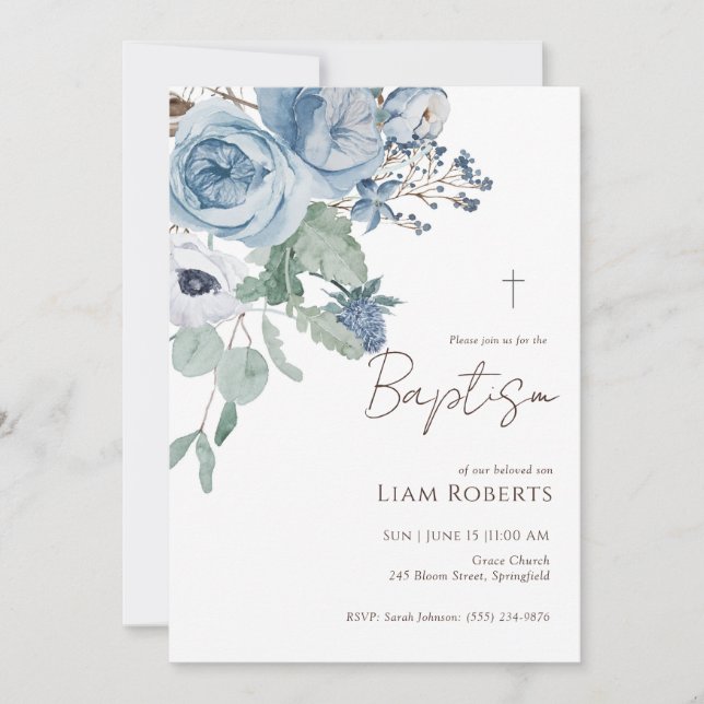 Blue Watercolor Floral Baptism Invitation (Front)