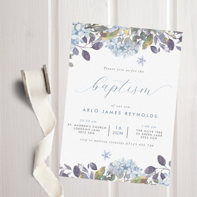 Blue Watercolor Floral Baptism Invitation (Creator Uploaded)