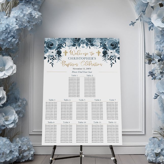Blue Watercolor Floral Baptism Seating Chart Foam Board (Elegant Blue Watercolor Floral | Faux Gold Accents Baptism Seating Chart Foam Board Sign)