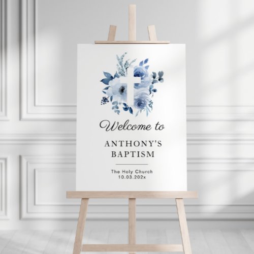 blue watercolor floral baptism welcome sign