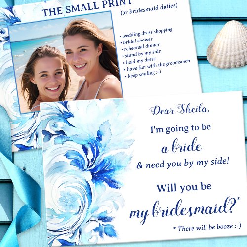 Blue Watercolor Floral Beach  Waves Bridesmaid Card