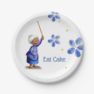 Blue Watercolor Floral Black Grandmother Birthday Paper Plates