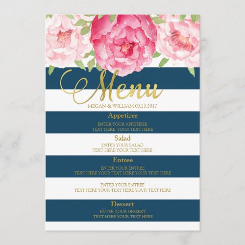 Blue Watercolor Floral Black Stripes Wedding Menu