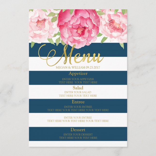 Blue Watercolor Floral Black Stripes Wedding Menu (Front)