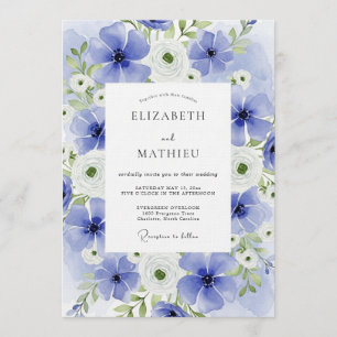 Blue Watercolor Floral Bloom Wedding Invitation