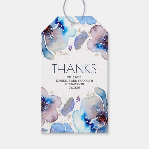 Blue Watercolor Floral Boho Feathers Wedding Gift Tags - Elegant bohemian style watercolor flowers and feathers blue wedding tags