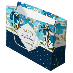 Blue Watercolor Floral Boho Hand-painted Large Gift Bag