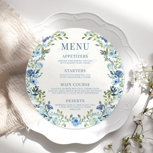 Blue watercolor floral boho round Menu Card Plate