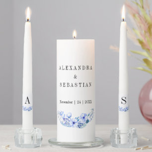 Blue Watercolor Floral Boho Wedding Unity Candle Set