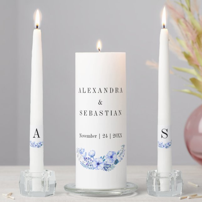 Blue Watercolor Floral Boho Wedding Unity Candle Set (In Situ)