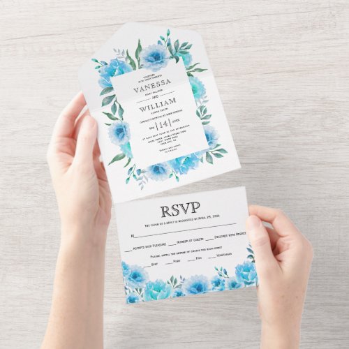 Blue watercolor floral border sping wedding all in one invitation