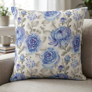 Blue Watercolor Floral Botanical Garden Decor Throw Pillow