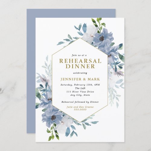 Blue Watercolor Floral Bouquet Rehearsal Dinner Invitation