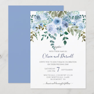 Blue Watercolor Floral Bouquet Wedding I Lt Blue Invitation