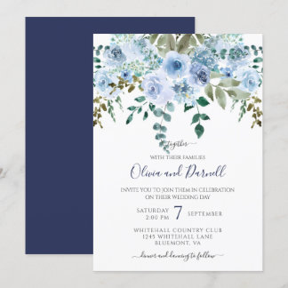 Blue Watercolor Floral Bouquet Wedding I Lt Blue Invitation
