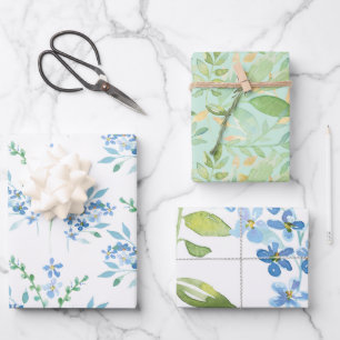 Blue Watercolor Floral Bouquets with Foliage Wrapping Paper Sheets