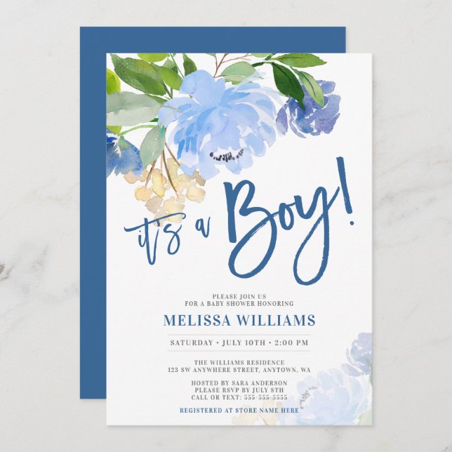 Blue Watercolor Floral Boy Baby Shower Invitation (Front/Back)