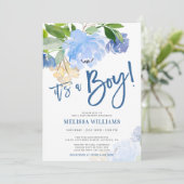 Blue Watercolor Floral Boy Baby Shower Invitation (Standing Front)