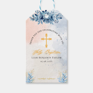 Blue Watercolor Floral Boy Baptism Favor Label