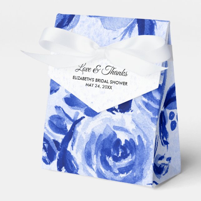 Blue Watercolor Floral Bridal Shower Favor Boxes (Front Side)