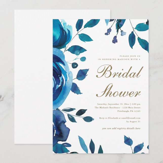 Blue Watercolor Floral Bridal Shower Invitation (Front/Back)