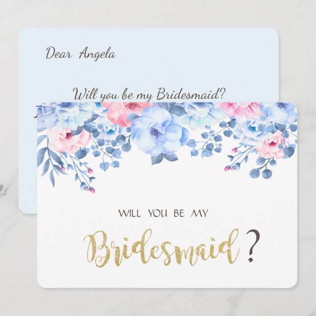 Blue Watercolor Floral Bridesmaid Card (Front/Back)