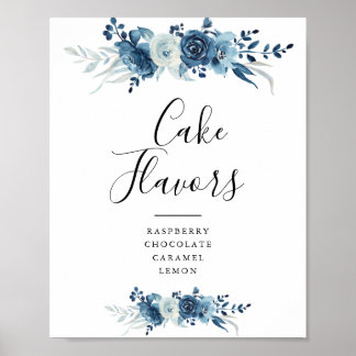 Blue watercolor floral cake flavors sign