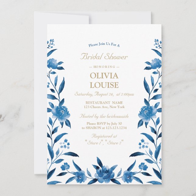 Blue Watercolor floral Chinoiserie bridal shower Invitation (Front)