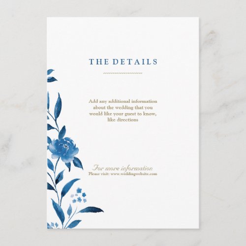Blue Watercolor floral Chinoiserie Wedding details Enclosure Card