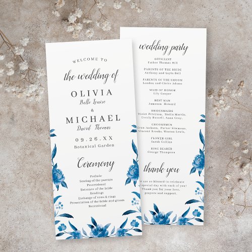 Blue Watercolor floral Chinoiserie Wedding Program
