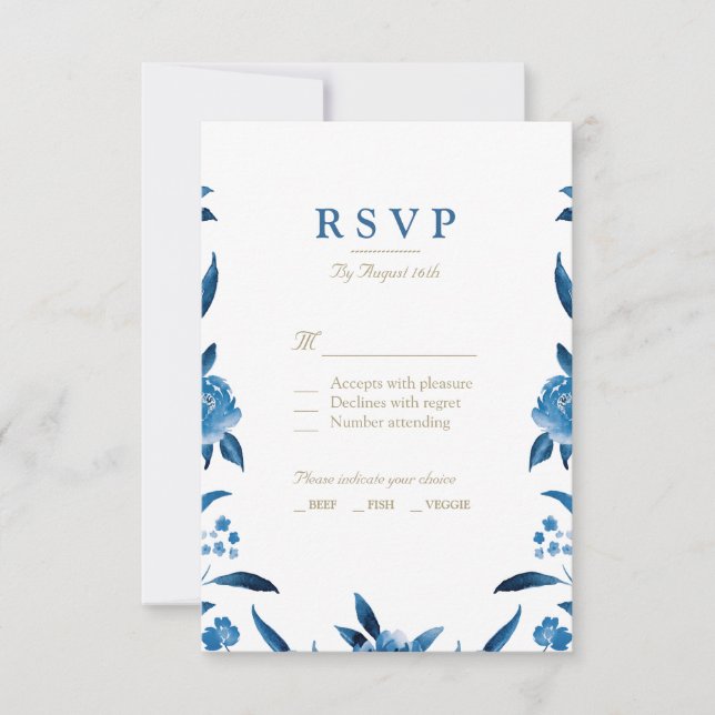 Blue Watercolor floral Chinoiserie Wedding RSVP (Front)