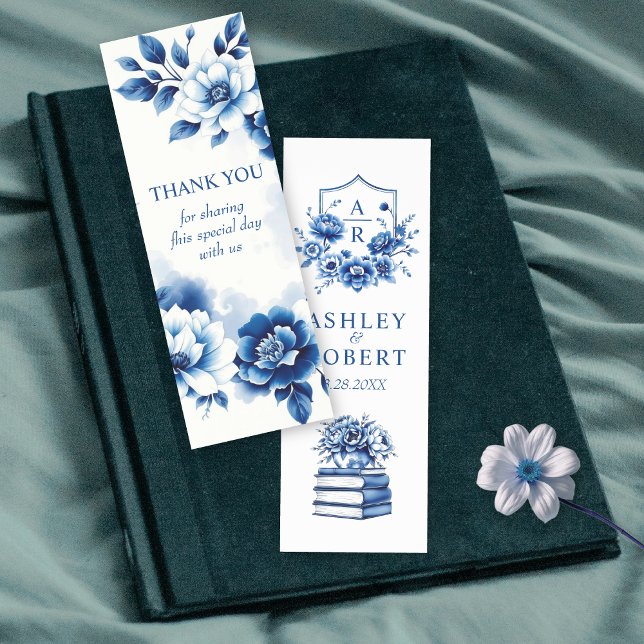 Blue watercolor floral crest Thank you wedding     Bookmarks (Creator Uploaded)