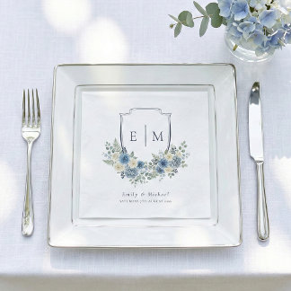 Blue Watercolor Floral Crest Wedding Napkins